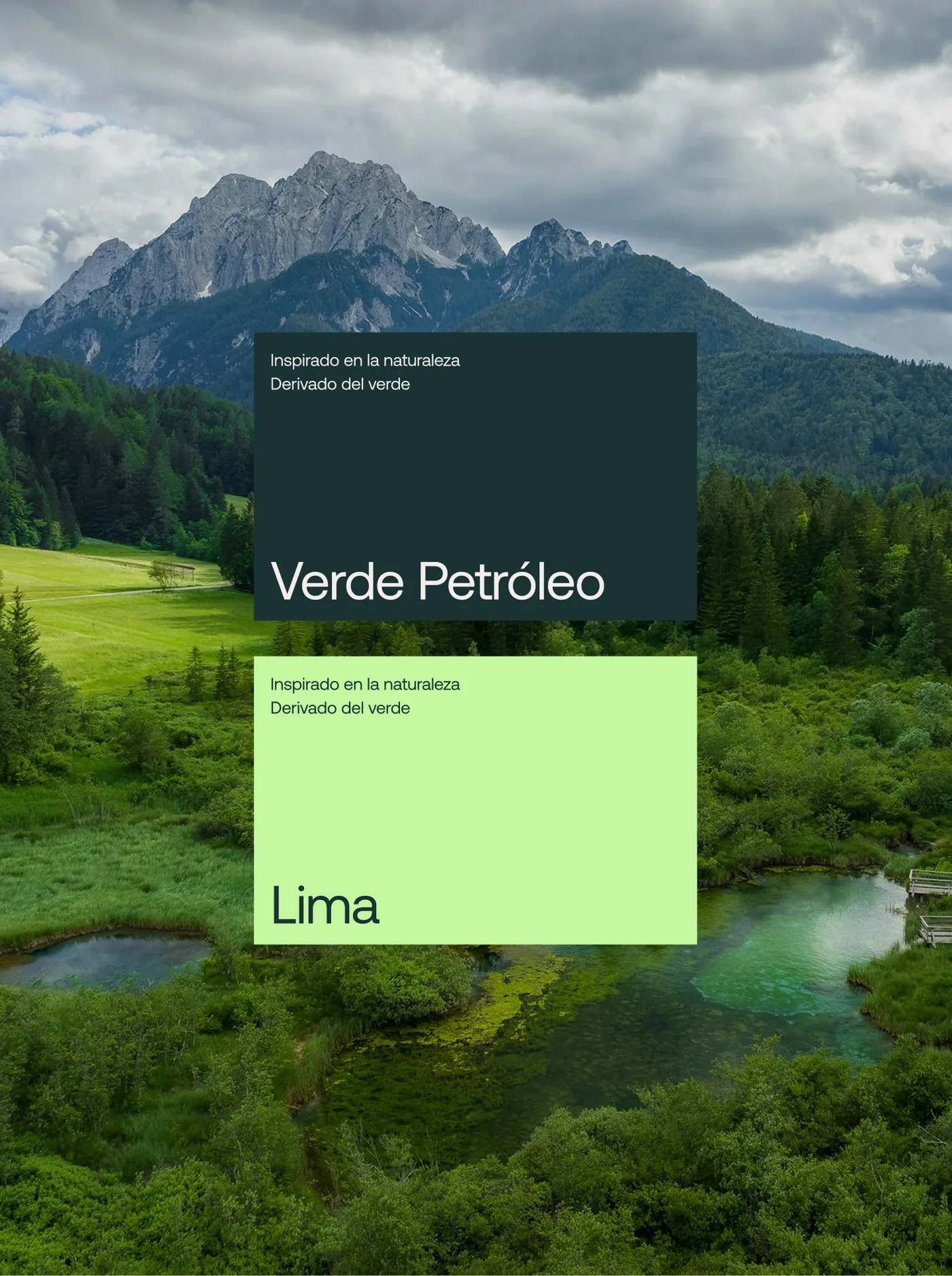 Petrol green and lime swatches over a landscape